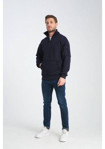 Pamuklu içi Polarlı Dik Yaka Kanguru Cepli Sweatshirt