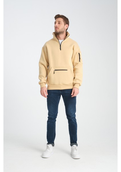 Pamuklu içi Polarlı Dik Yaka Kanguru Cepli Sweatshirt