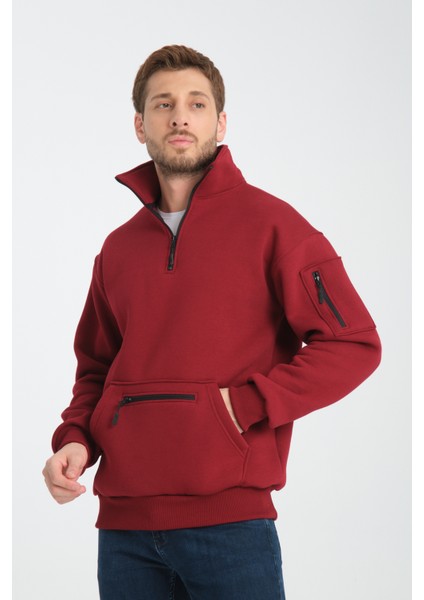 Pamuklu içi Polarlı Dik Yaka Kanguru Cepli Sweatshirt