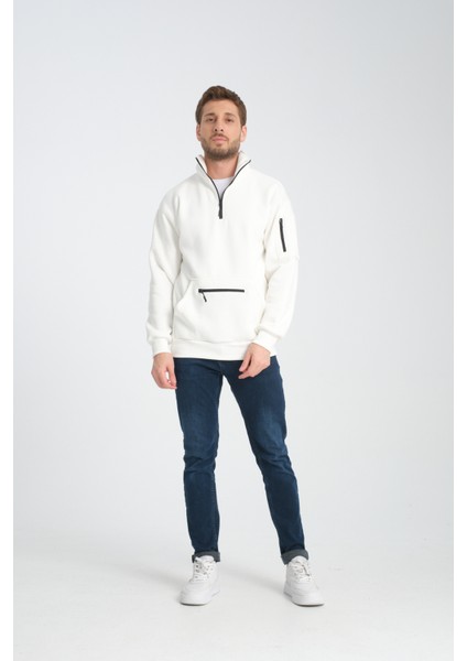 Pamuklu içi Polarlı Dik Yaka Kanguru Cepli Sweatshirt