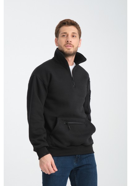 Pamuklu içi Polarlı Dik Yaka Kanguru Cepli Sweatshirt