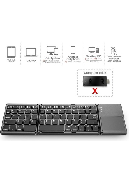 B033 Kablosuz Klavye ve Taşınabilir Üç Katlı Bluetooth Kablosuz Klavye, (Koyu Gri)