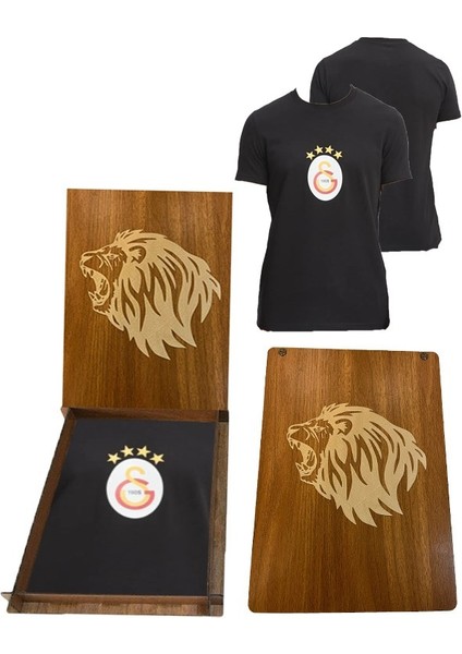 4 Yıldız Siyah T-Shirt Aslan Ahşap Kutulu