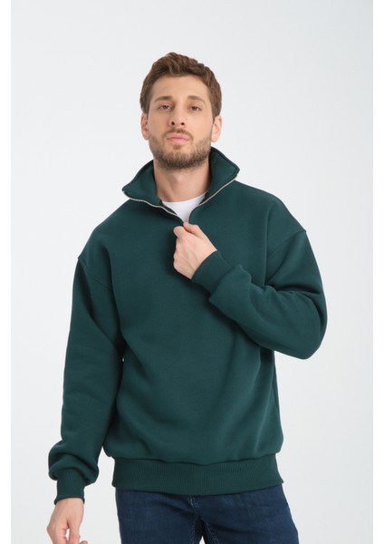 Oversıze Pamuklu içi Polarlı Dik Yaka Yarım Fermuar Sweatshirt