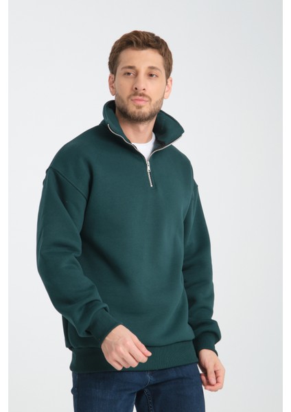 Oversıze Pamuklu içi Polarlı Dik Yaka Yarım Fermuar Sweatshirt fiyatları