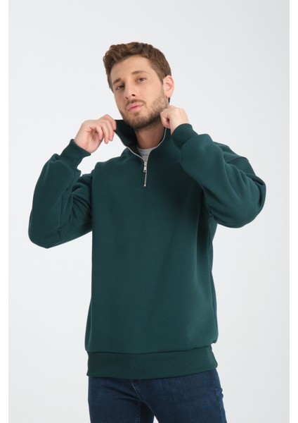 Oversıze Pamuklu içi Polarlı Dik Yaka Yarım Fermuar Sweatshirt modelleri
