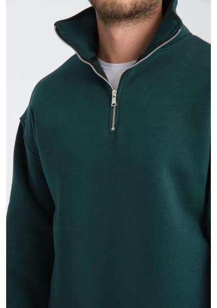 Oversıze Pamuklu içi Polarlı Dik Yaka Yarım Fermuar Sweatshirt fırsatları