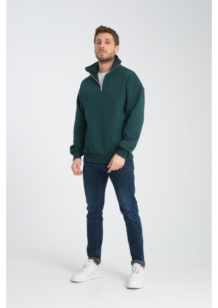 Oversıze Pamuklu içi Polarlı Dik Yaka Yarım Fermuar Sweatshirt indirimleri