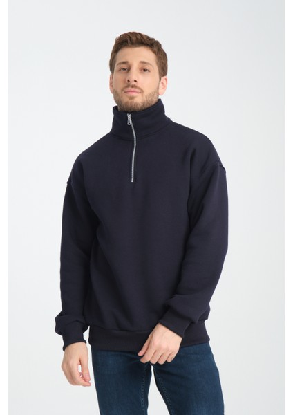 Oversıze Pamuklu içi Polarlı Dik Yaka Yarım Fermuar Sweatshirt modelleri