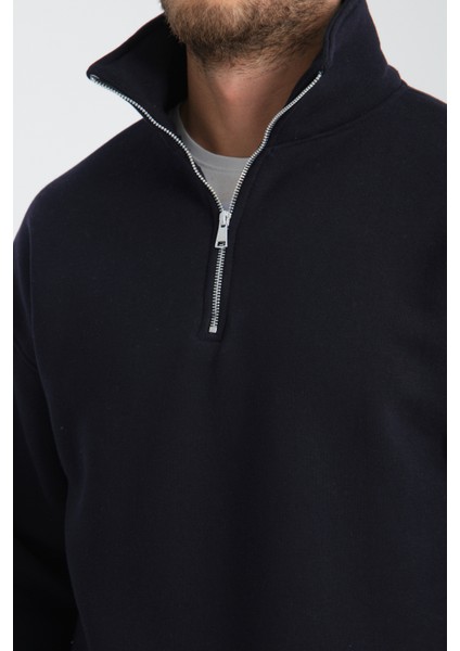 Oversıze Pamuklu içi Polarlı Dik Yaka Yarım Fermuar Sweatshirt indirimleri