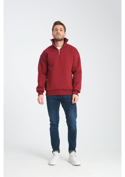 Oversıze Pamuklu içi Polarlı Dik Yaka Yarım Fermuar Sweatshirt
