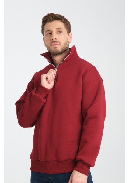 Oversıze Pamuklu içi Polarlı Dik Yaka Yarım Fermuar Sweatshirt fırsatları