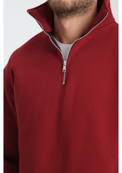 Oversıze Pamuklu içi Polarlı Dik Yaka Yarım Fermuar Sweatshirt indirimleri