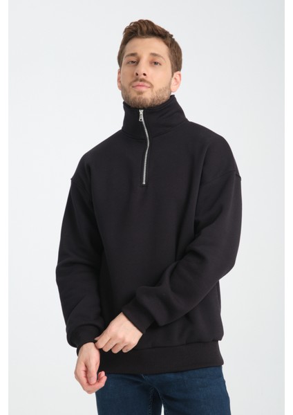 Oversıze Pamuklu içi Polarlı Dik Yaka Yarım Fermuar Sweatshirt modelleri