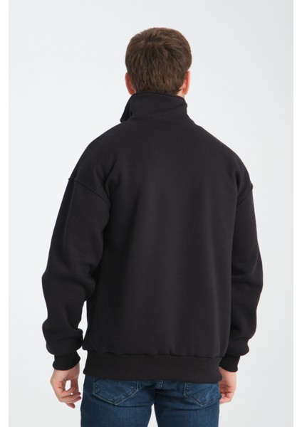 Oversıze Pamuklu içi Polarlı Dik Yaka Yarım Fermuar Sweatshirt fırsatları