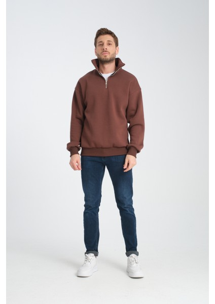 Oversıze Pamuklu içi Polarlı Dik Yaka Yarım Fermuar Sweatshirt