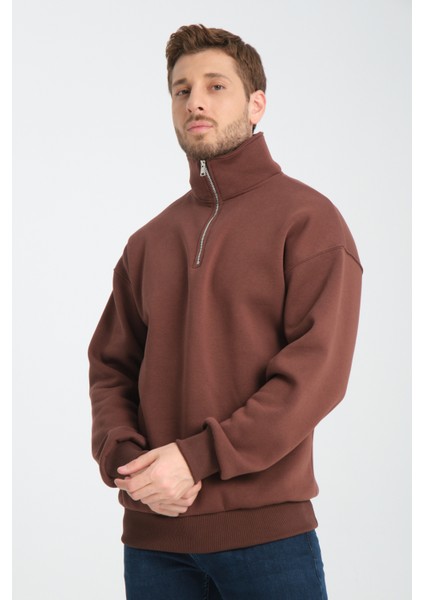 Oversıze Pamuklu içi Polarlı Dik Yaka Yarım Fermuar Sweatshirt fiyatları