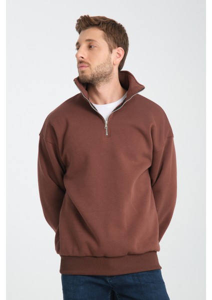 Oversıze Pamuklu içi Polarlı Dik Yaka Yarım Fermuar Sweatshirt modelleri