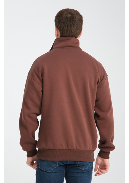 Oversıze Pamuklu içi Polarlı Dik Yaka Yarım Fermuar Sweatshirt fırsatları