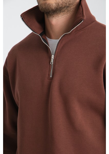 Oversıze Pamuklu içi Polarlı Dik Yaka Yarım Fermuar Sweatshirt indirimleri