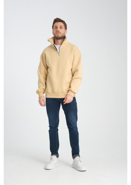 Oversıze Pamuklu içi Polarlı Dik Yaka Yarım Fermuar Sweatshirt fiyatları