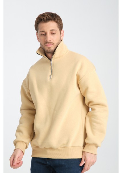 Oversıze Pamuklu içi Polarlı Dik Yaka Yarım Fermuar Sweatshirt modelleri