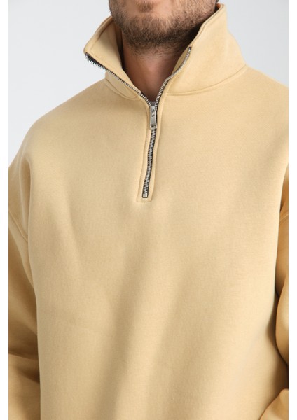 Oversıze Pamuklu içi Polarlı Dik Yaka Yarım Fermuar Sweatshirt fırsatları