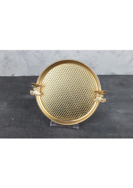 Kelebekli Metal Yuvarlak Tepsi Sunum Tepsisi Gold