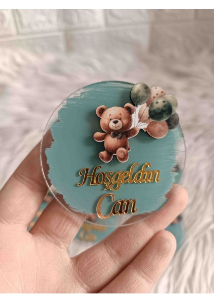10 Adet Yeşil Balon Tutan Kahverengi Ayıcık Konseptli Pleksi Magnet Yenidoğan Doğum Günü Mevlüt Hediyelikleri