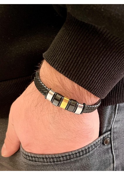 Deri ve Kararmaz Çelik Mixli Trend Model Erkek Bileklik 21 cm