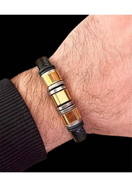 Gold&siyah Deri ve Çelik Mixli Trend Model Erkek Bileklik 21 cm