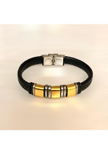Gold&siyah Deri ve Çelik Mixli Trend Model Erkek Bileklik 21 cm fiyatları