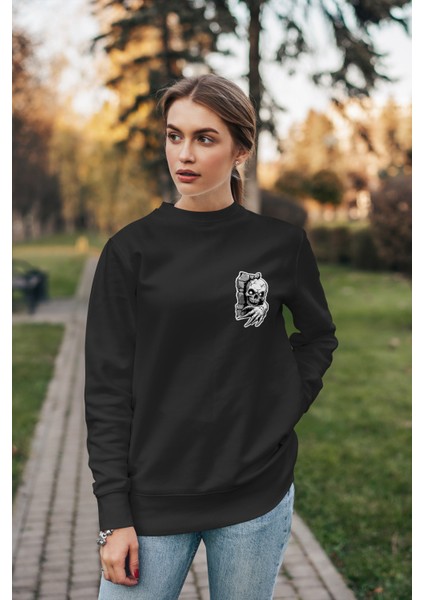 Bisklet Yaka Uzun Kollu Sweatshirt Iskelet Kafası Baskılı