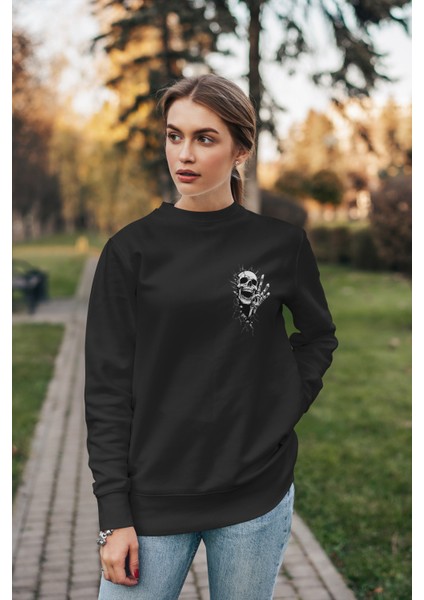 Bisklet Yaka Uzun Kollu Sweatshirt Iskelet Kafası Baskılı