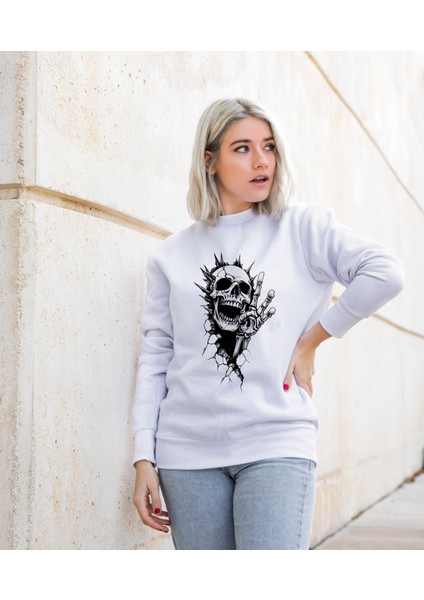 Bisklet Yaka Unisex Uzun Kollu Sweatshirt Iskelet Kafası Baskılı