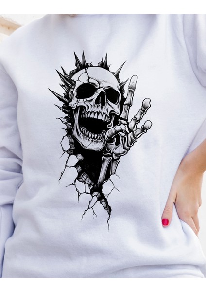 Bisklet Yaka Unisex Uzun Kollu Sweatshirt Iskelet Kafası Baskılı