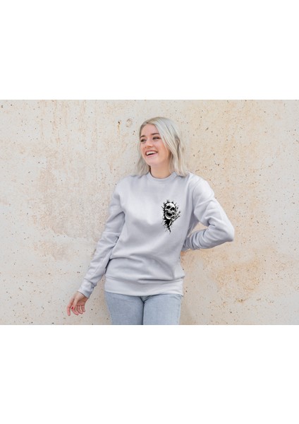 Bisklet Yaka Unisex Uzun Kollu Sweatshirt Iskelet Kafası Baskılı