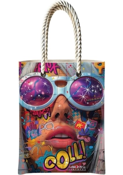 Desenli Günlük Kullanım Çantacool Pop Art Temalı Fermuarlı Bez Çanta