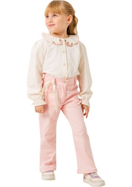 Kız Çocuk Yakası Tavşan Nakış Detaylı Pudra Renk Gömlek Pantolon Takımı