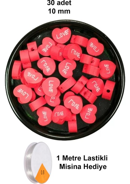 30 Adet 10 mm Polimer Kil Fimo Boncuk Takı Bileklik + 1 Metre Lastikli Misina Hediye - Kalp Love