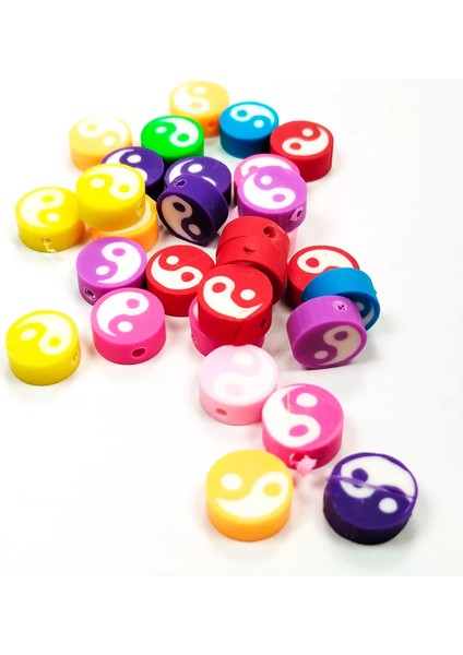 90 Adet 10 mm Polimer Kil Fimo Boncuk Takı Bileklik + 5 Metre Lastikli Misina Hediye - Renkli Yin Yang