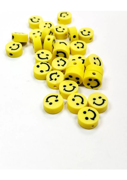 30 Adet 10 mm Polimer Kil Fimo Boncuk Takı Bileklik + 1 Metre Lastikli Misina Hediye - Gülen Yüz Smile