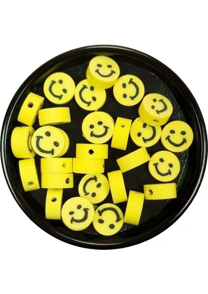 30 Adet 10 mm Polimer Kil Fimo Boncuk Takı Bileklik + 1 Metre Lastikli Misina Hediye - Gülen Yüz Smile