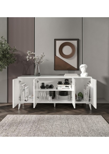 4 Kapaklı Modern Bölmeli Konsol Tamamı Mdf