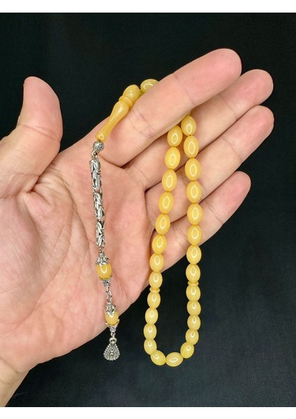 Sevgiliye Özel Hediye Sıkma Kehribar Tesbih Beyzi Kesim Açık Sarı Renk 10,5mm x 7,5mm H-1541. fiyatları