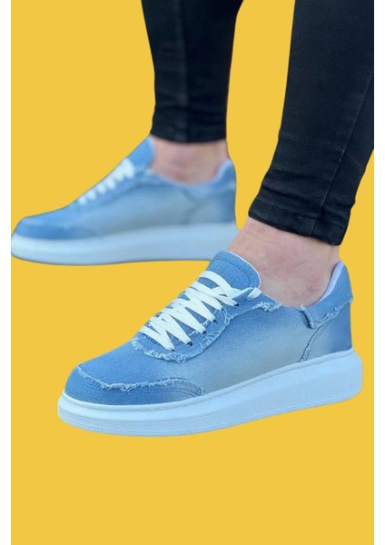 WG018 Bağcıklı Yüksek Taban Buz Mavi Kot Kumaş Erkek Casual Ayakkabı