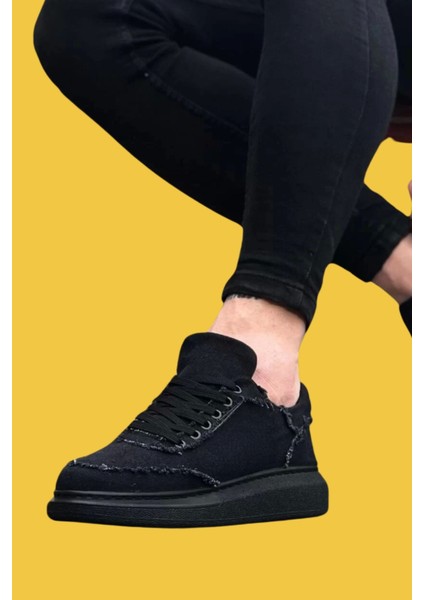 WG018 Bağcıklı Rahat Taban Kot Kumaş Siyah Erkek Casual Ayakkabı