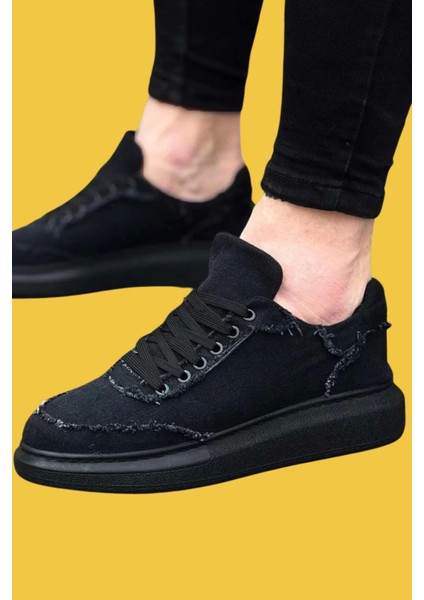 WG018 Bağcıklı Rahat Taban Kot Kumaş Siyah Erkek Casual Ayakkabı