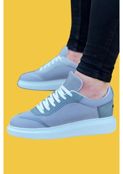WG019 Bağcıklı Yüksek Taban Gri Triko Erkek Casual Ayakkabı