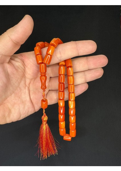 Sevgiliye Özel Hediye Sıkma Kehribar Tesbih Turuncu Renkli Kapsül Kesim 11MMX8,5MM H-1621.